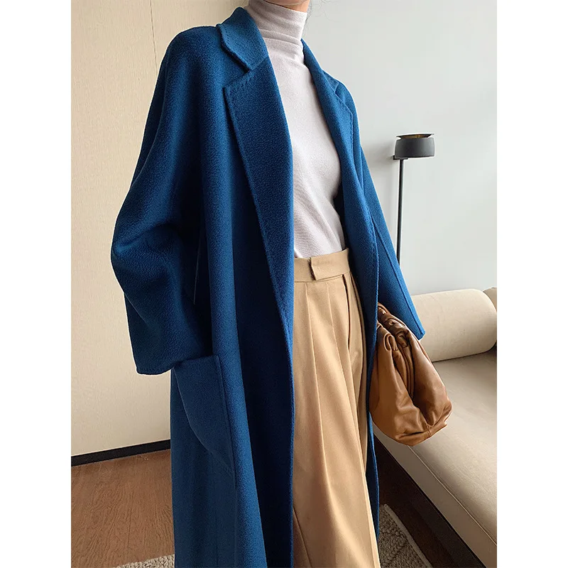 Женское шерстяное пальто с отложным воротником дизайнерское длинное синее