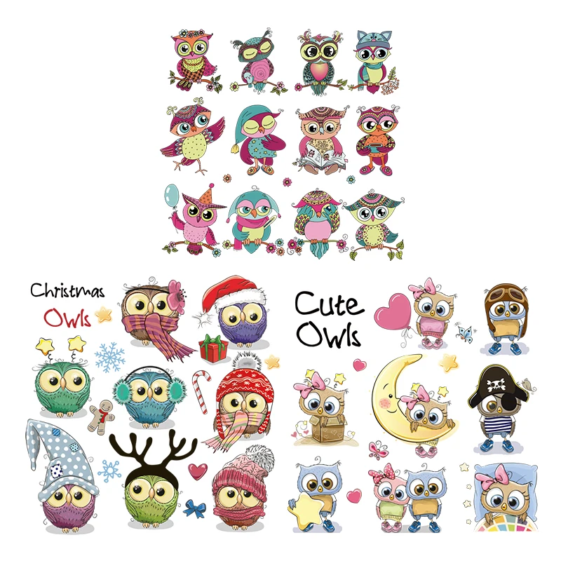 

NEW Diy Cartoon Owl Sticker Patches For Boys Girls Clothes Washable Patches Non-toxic Iron On Transfer Patches Christmas Owls Pa