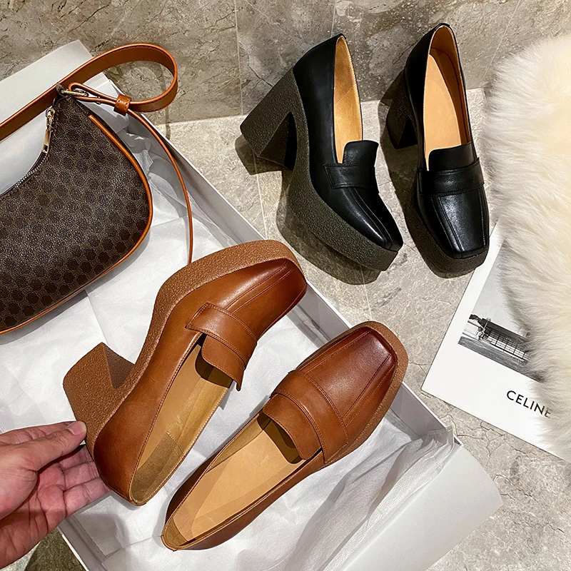 

2021 new Women's Shoes Genuine Leather natural leather Ladies Shoes Rubbed leather Women heels shoes woman heels Square toe