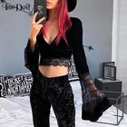 Женский винтажный Топ с длинным рукавом InsDoit, черный укороченный бархатный топ с кружевом в готическом стиле, Y2K, весна