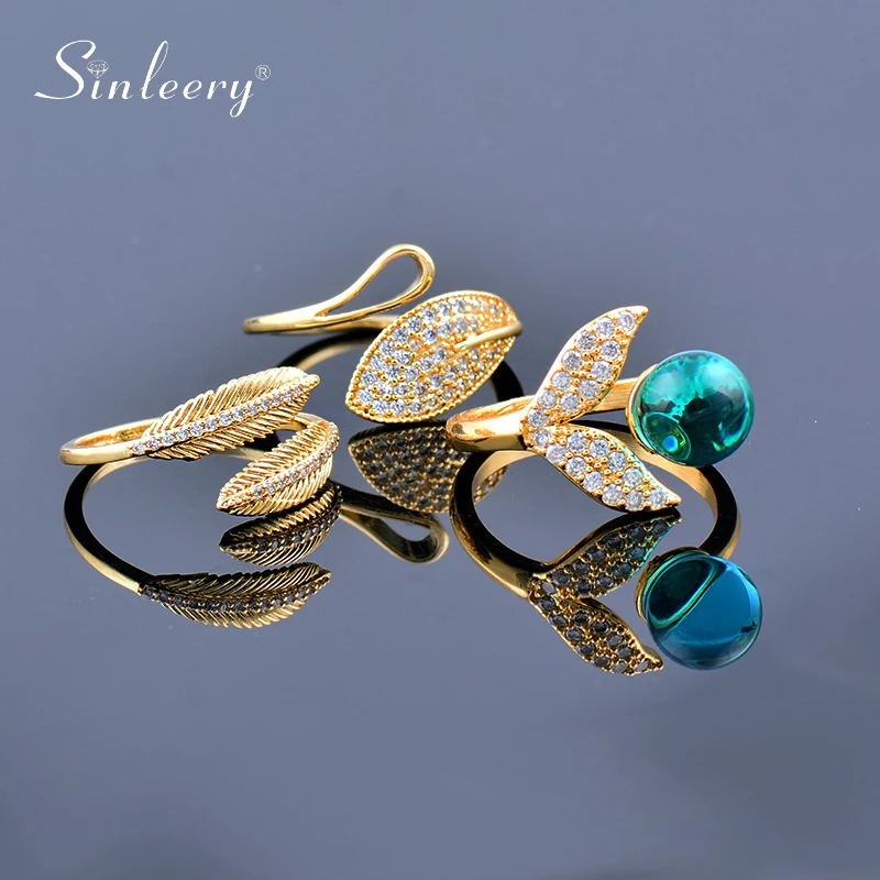 

SINLEERY Vintage Green pearl olive leaves Gold Color Cubic Zirconia Ring For Women Fashion Jewelry 2021 New JZ128 SSP