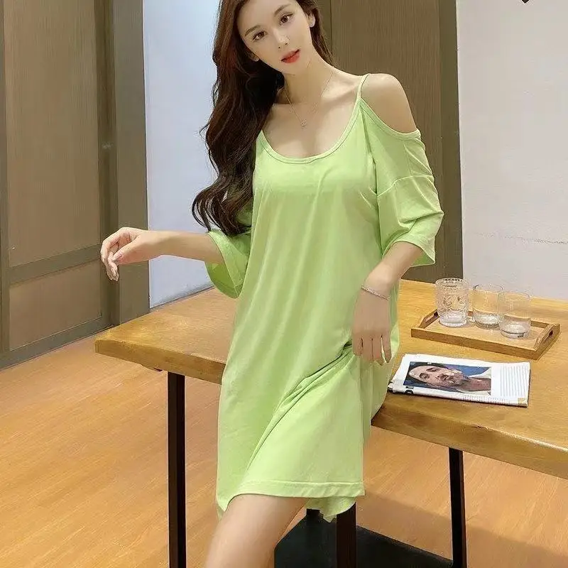 

Summer Sleeping Dress Women Pink Off Shoulder Night Gown Sleep Wear Short Sleeves Ladies Green Pajama Dress Robe Longue Sexy