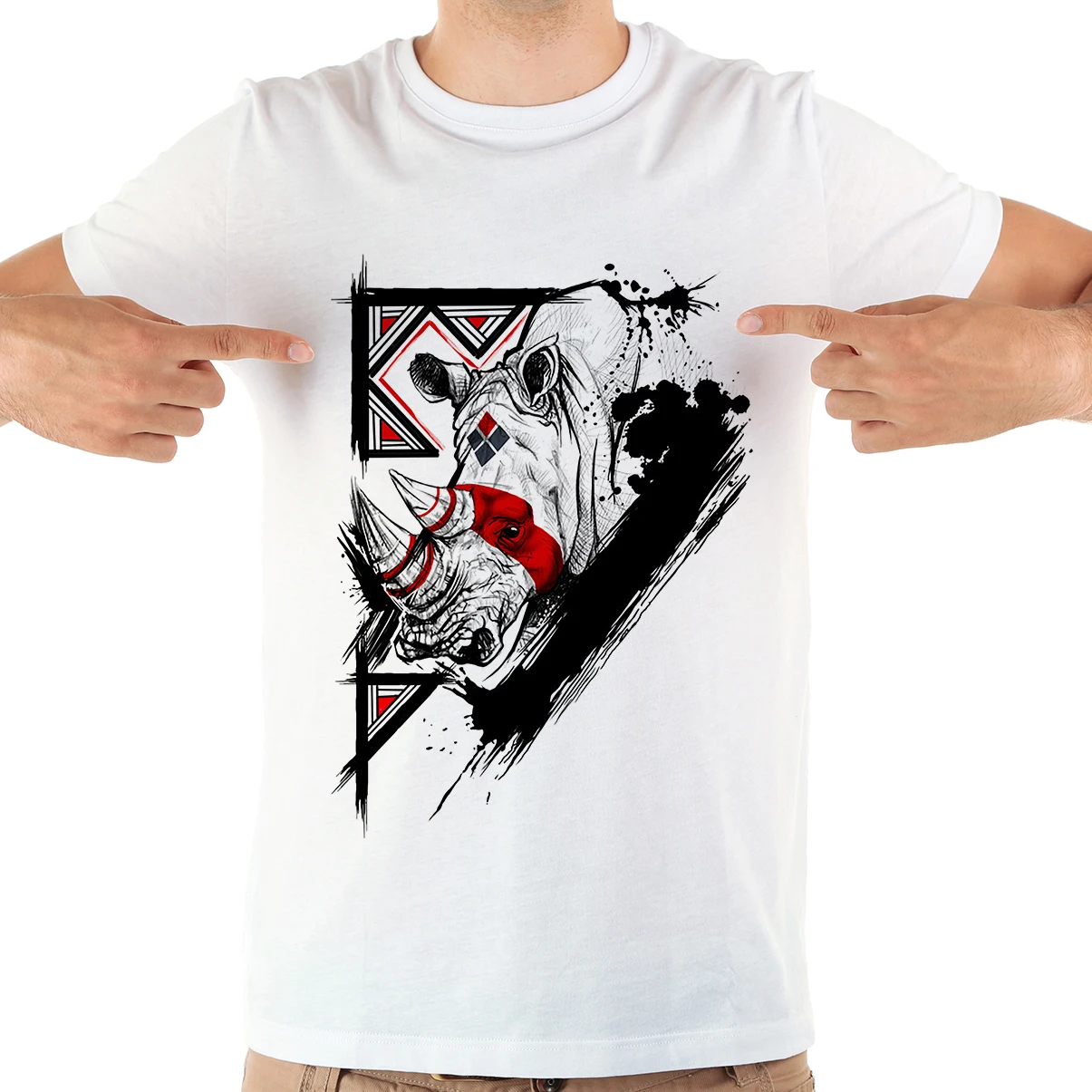 

Эскиз стиль Чернила питания животное, носорог Тотем футболка белая Повседневная футболка с коротким рукавом Мужская Уличная футболка без к...