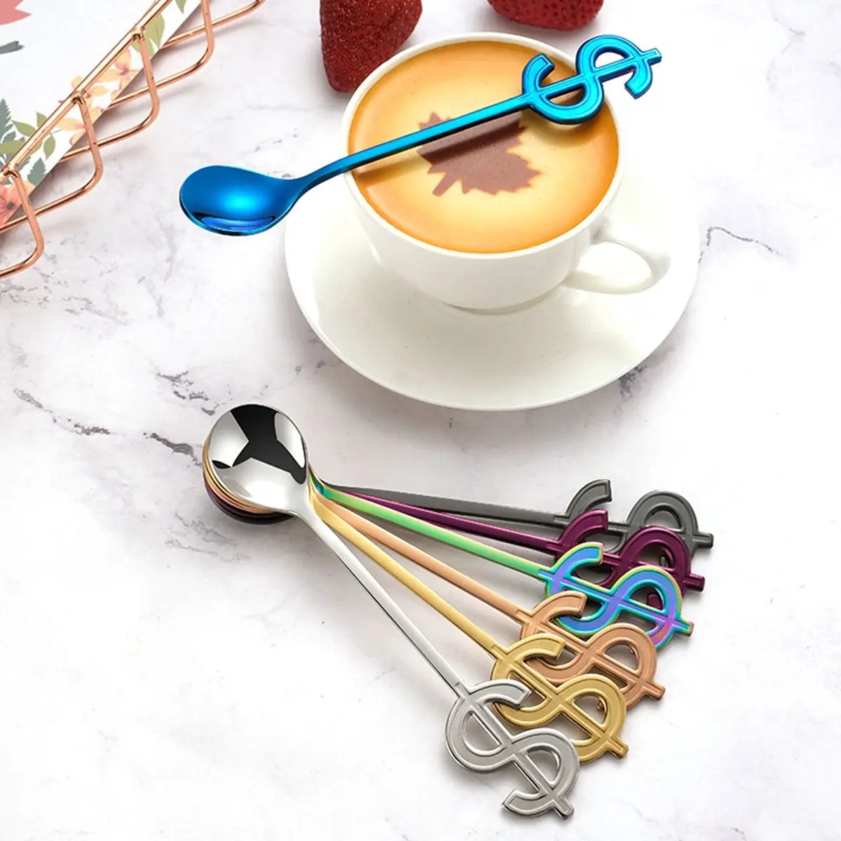 

Cute Dollar Stainless Steel Coffee Spoon Stirring Spoon Dessert Spoon Long Handle Mug Tea Dessert Spoon Restaurant Tableware