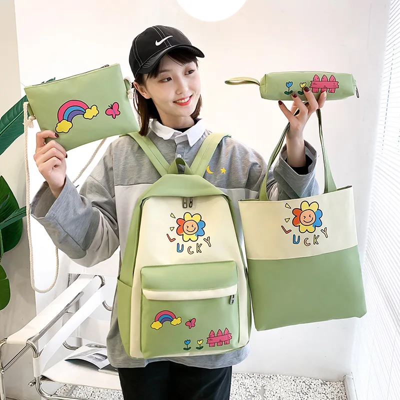 

4Pcs/Set Student Women Backpack Female College Nylon School Bag Male Fashion Book Backpacks Men Cool Lady Travel Laptop Bag Girl