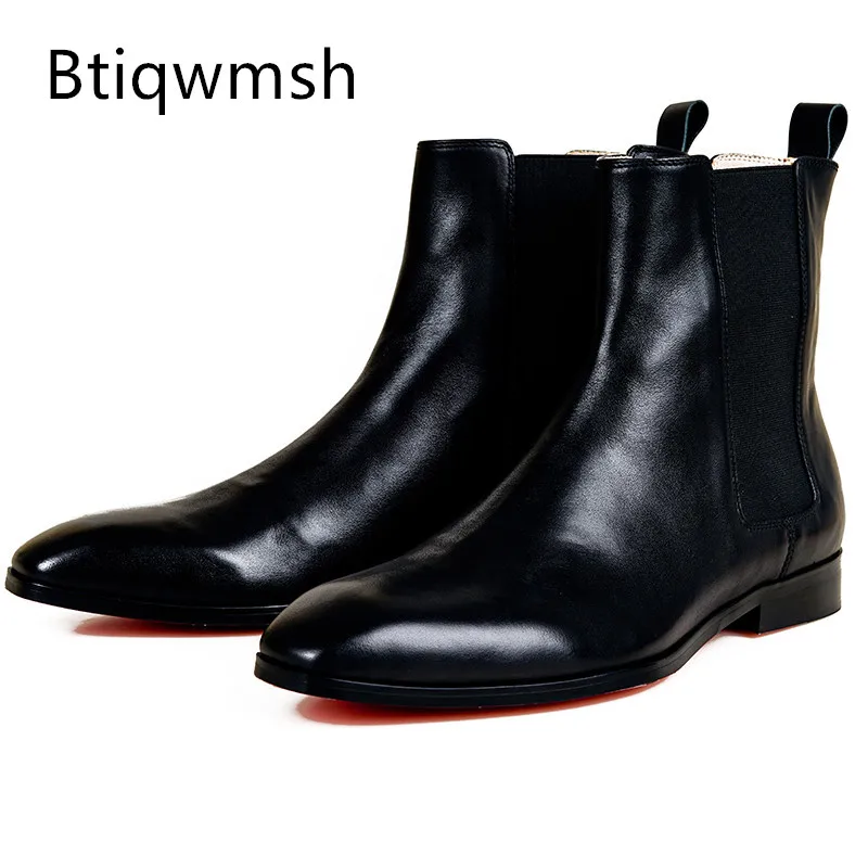 

Black Ankle Boots Man Pointed Toe Soft Real Leather Slip On Flat Shoes Male Fashion Chelsea Botas