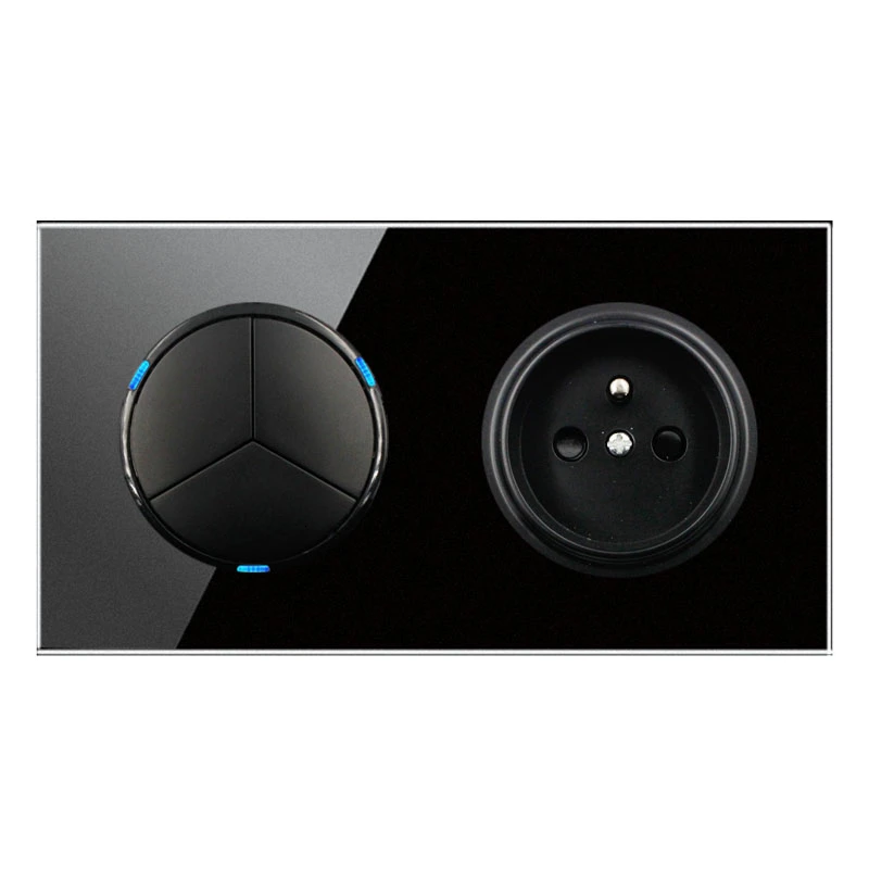 

146 Type 3 gang 2 way French Crystal Tempered Pure Glass Panel 13a Double Eu Standard Wall Power Socket Grounded black switch