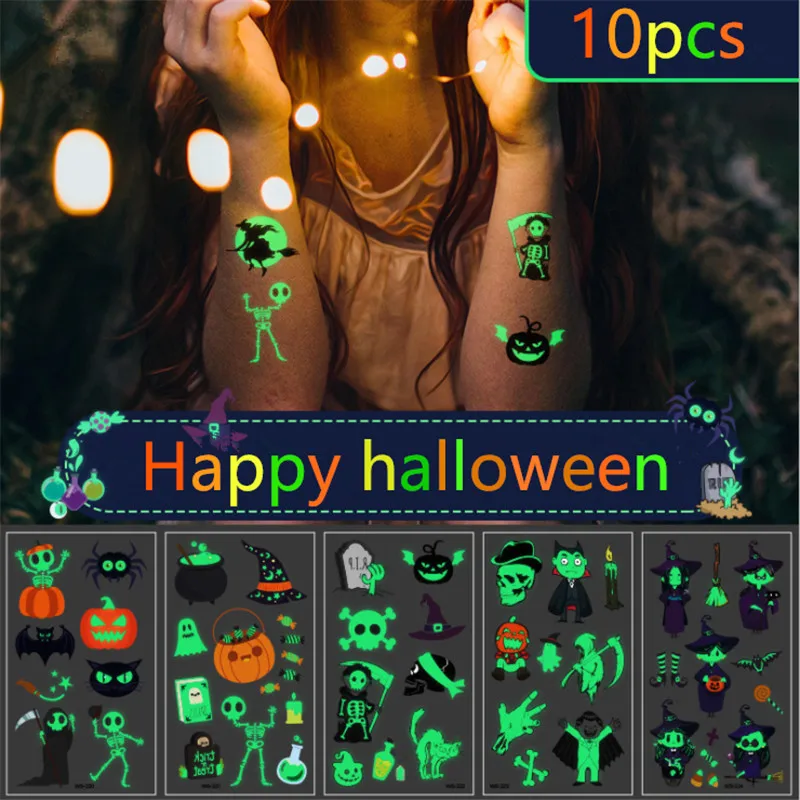 Новый 10 шт./компл. Хэллоуин Водонепроницаемый световой мультфильм тату-наклейки