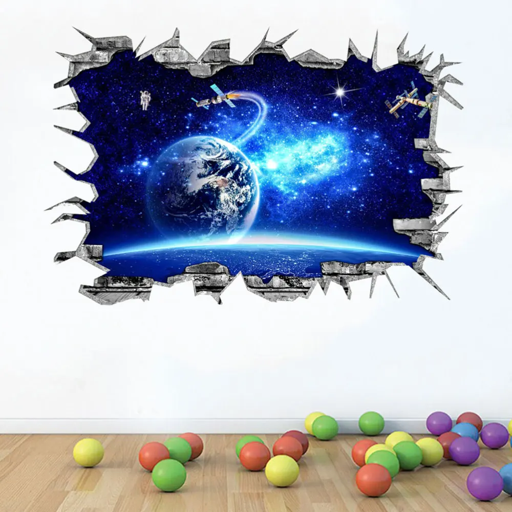 

1PC 3D Fake Window Space Universe Wallpaper Creative Home Wall Decals Removable Background Wall Poster for Living Room Bedroom K