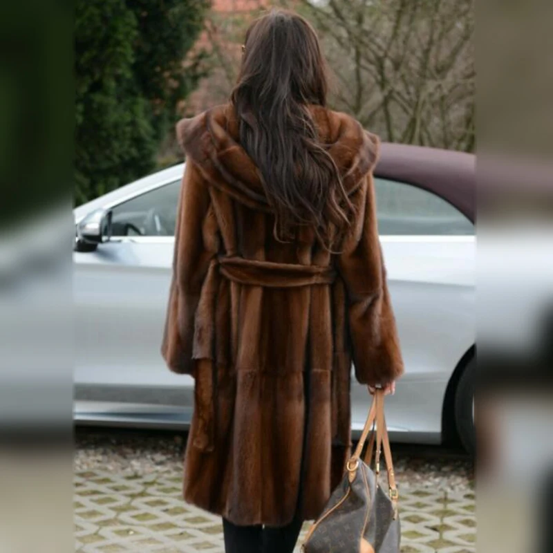 Winter Woman Natural Mink Fur Coat With Hood 2021 New Fashion Genuine Mink Fur Coats 100cm Long Luxury Overcoats With Fur Belt