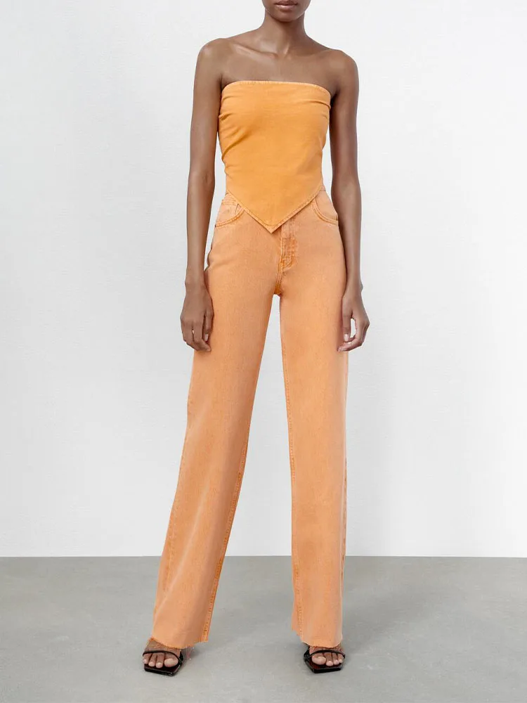 

Женские джинсы с завышенной талией ZA, повседневные узкие прямые широкие джинсы оранжевого цвета с широкими штанинами