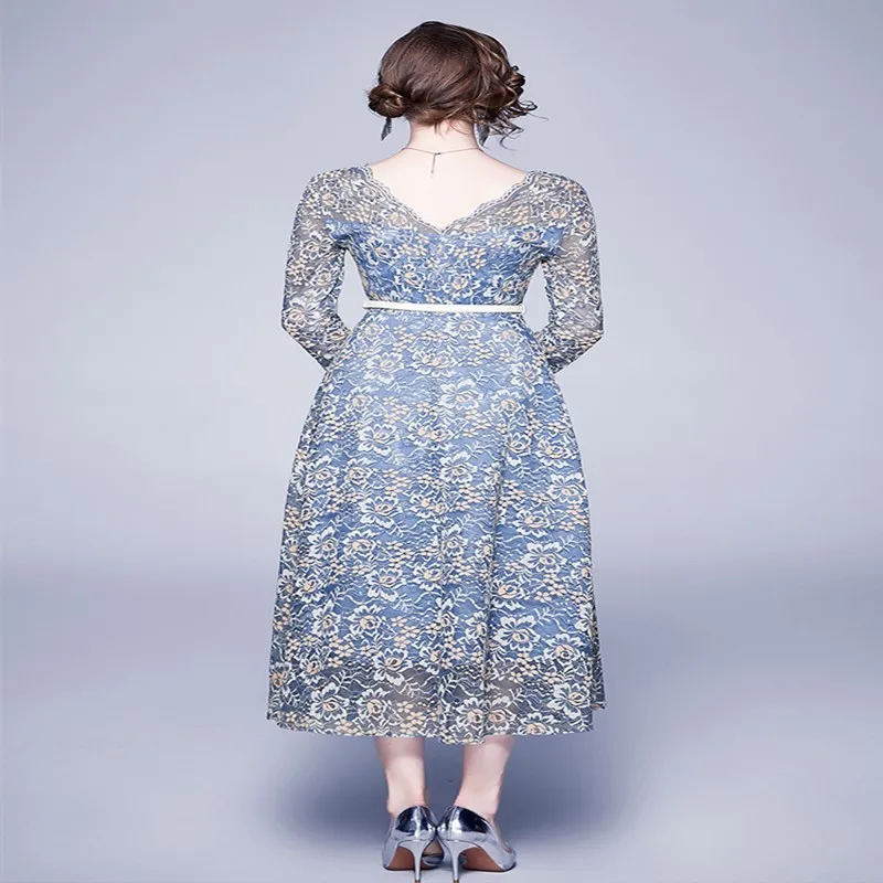 Женское ажурное платье элегантное винтажное кружевное с широкой юбкой весна 2019 |