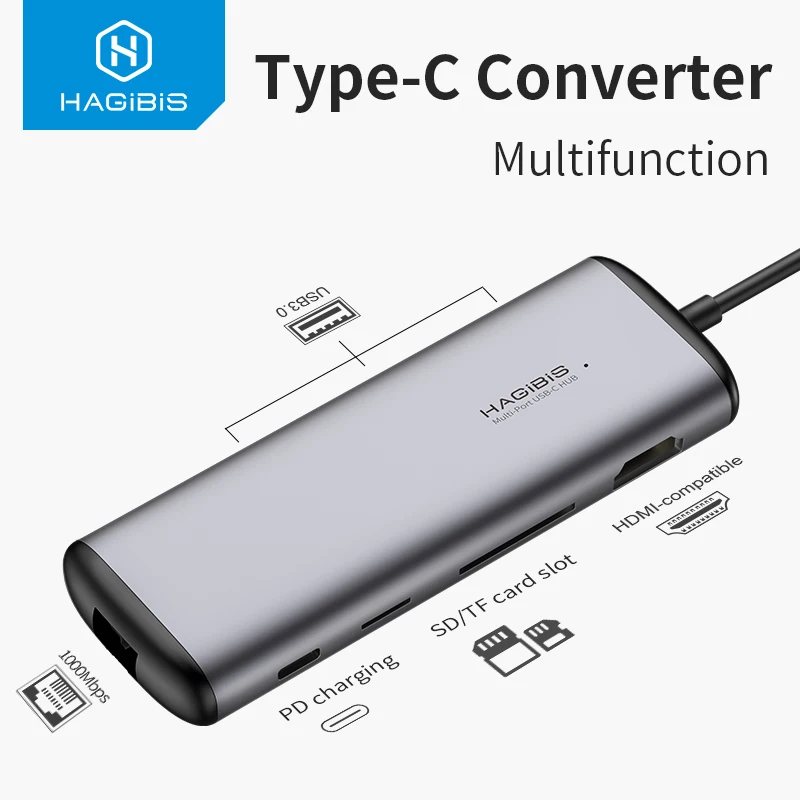 hagibis usb c hub usb to hdmi compatible usb 3 0 rj45 carder reader pd adapter type c usb 3 0 dock video converter for macbook free global shipping