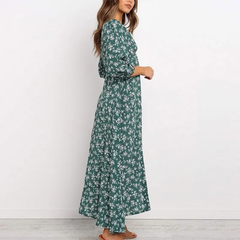 

2021 Summer Bohemian Floral Long Sleeve Beach Long Skirt Loose Breathable Dress Pullover Wrist V-neck Dress for Holiday Party
