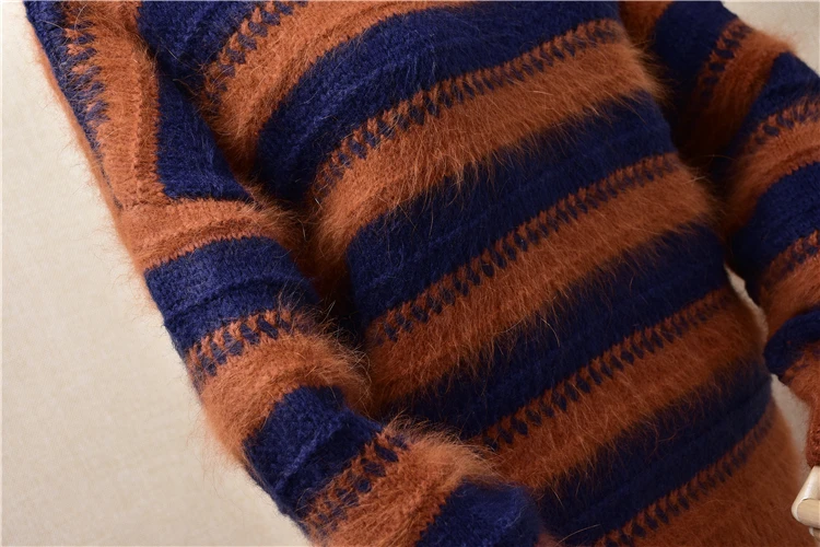ladies women fashion angora rabbit fur knitwear striped loose long sleeves pullover winter thick warm jumper sweater pull tops | Женская