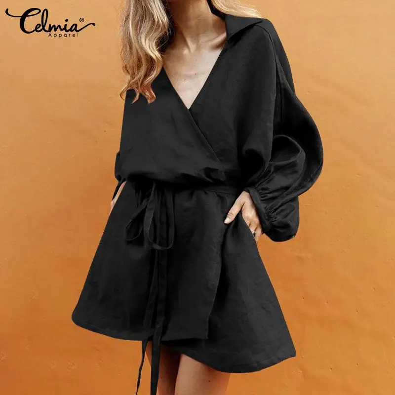 

2022 Celmia Sexy V-neck WomenMini Dress Fashion Lantern Sleeve Bandage Wrap Dresses Casual Loose Cotton Autumn Short Vestidos