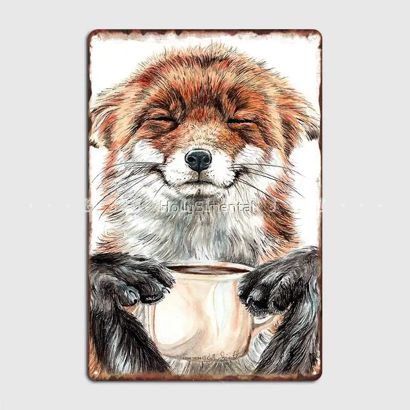 

Morning Fox Cute Coffee Animal Poster Metal Plaque Club Party Bar Cave Retro Plates Tin Sign Poster