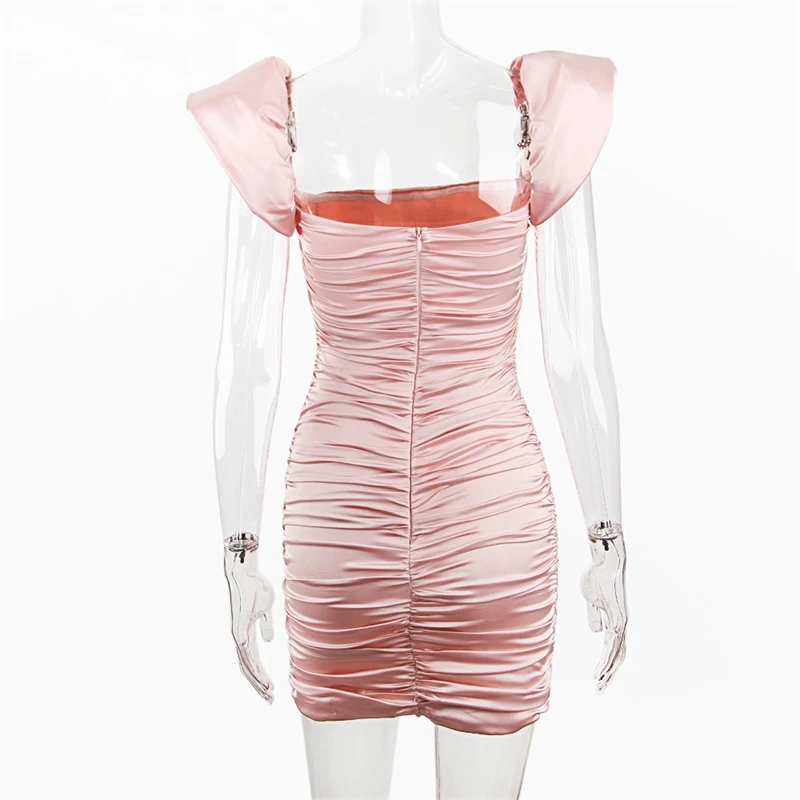 

European Style Puff Sleeve Slash Neck Women Dresses Asymmetrical Folds Solid Female Mini Dress Sexy Package Hip Female Vestidos