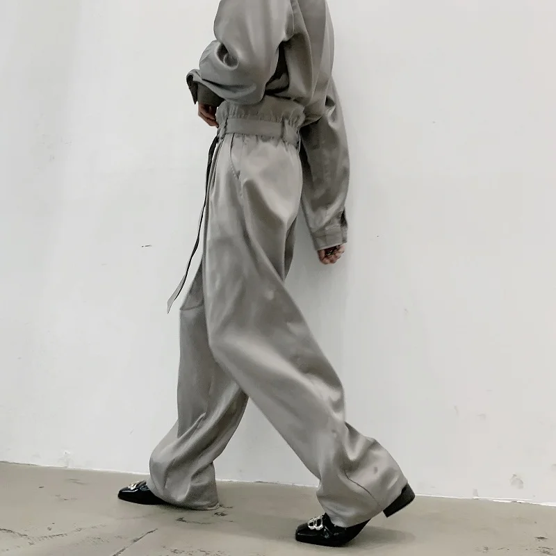 

2 Piece Men Suits Sets Men Long Sleeve Satin Style Casual Retro Fashion Shirt Wide Leg Belt Trousers Japan Streetwear Shirt