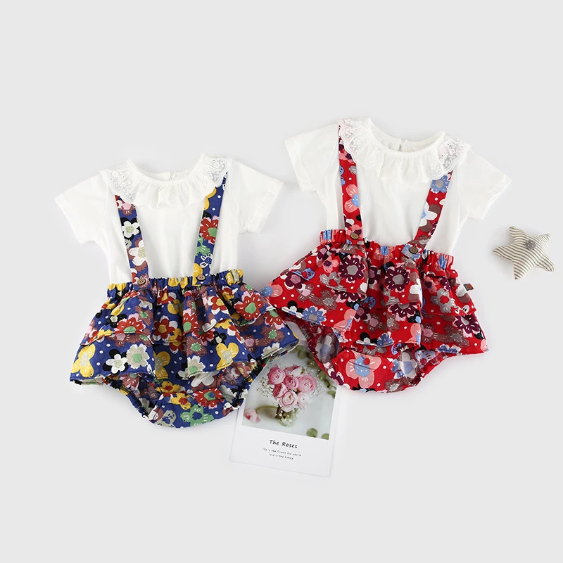 

Summer new product thin lapel baby one-piece baby girl sling skirt fake two-piece romper newborn triangle climb