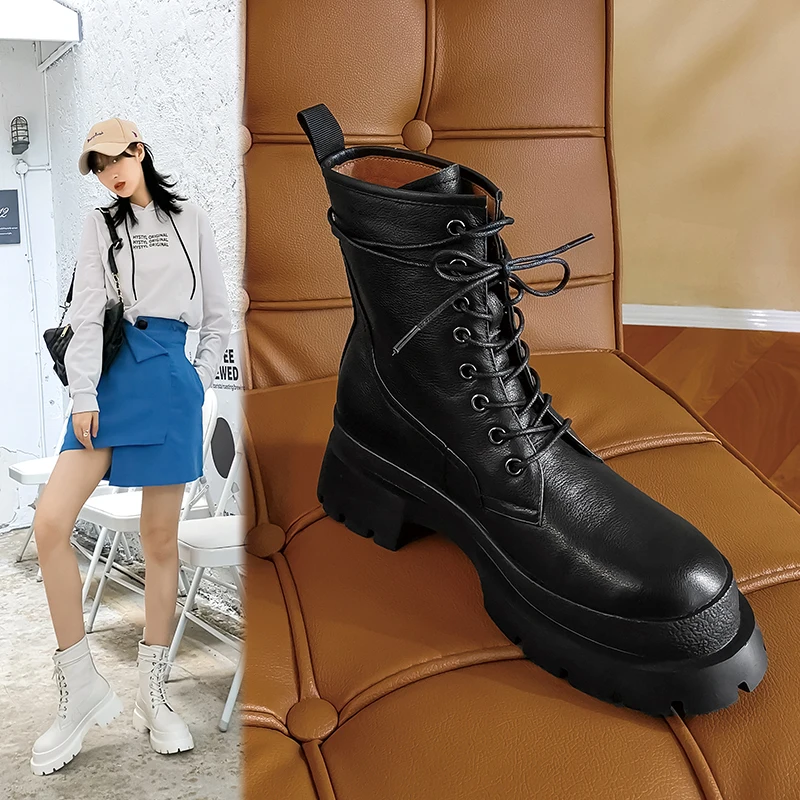 

Hot Genuine Leather Round Toe Chunky Heel Women Boots Lace-up Female Boots ANKLE Boots Platform Shoes Women Shoes Cross-tied