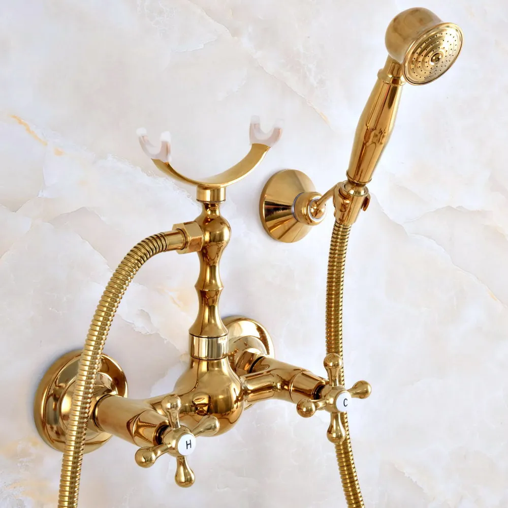 

Современный золотистый латунный настенный смеситель для ванной комнаты, набор для душа с шлангом 1500 мм, Ручной смеситель с распылителем Dna942