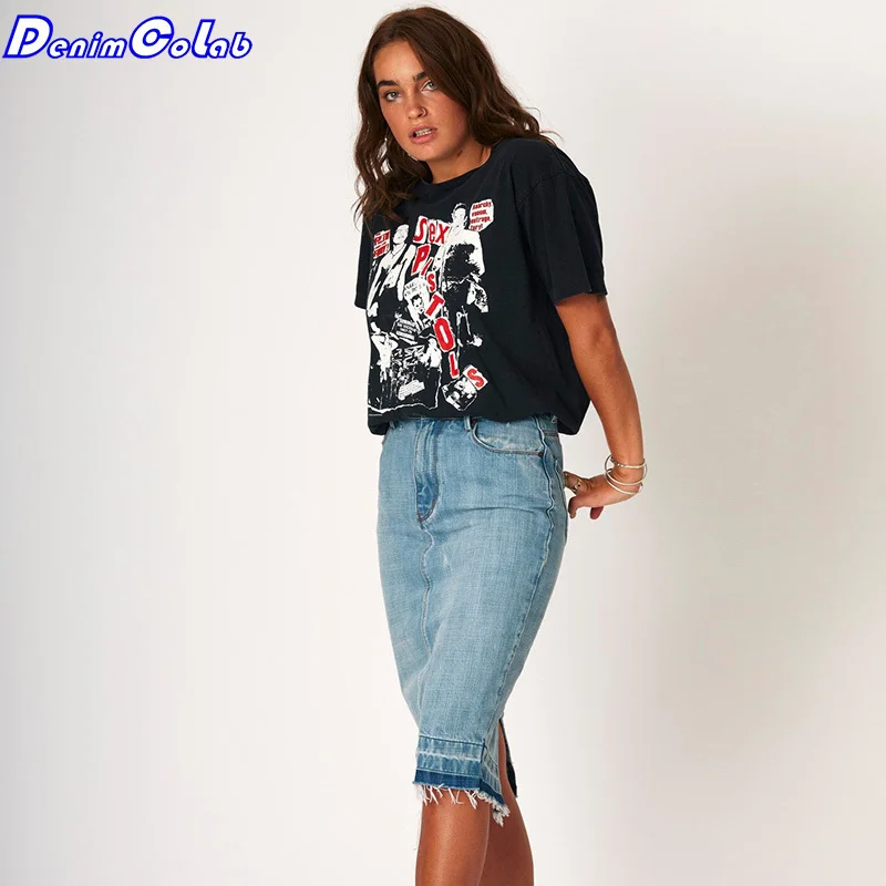 

Женская джинсовая юбка с высокой талией DenimColab, винтажная Однотонная юбка до колен с разрезом и кисточками, лето 2021