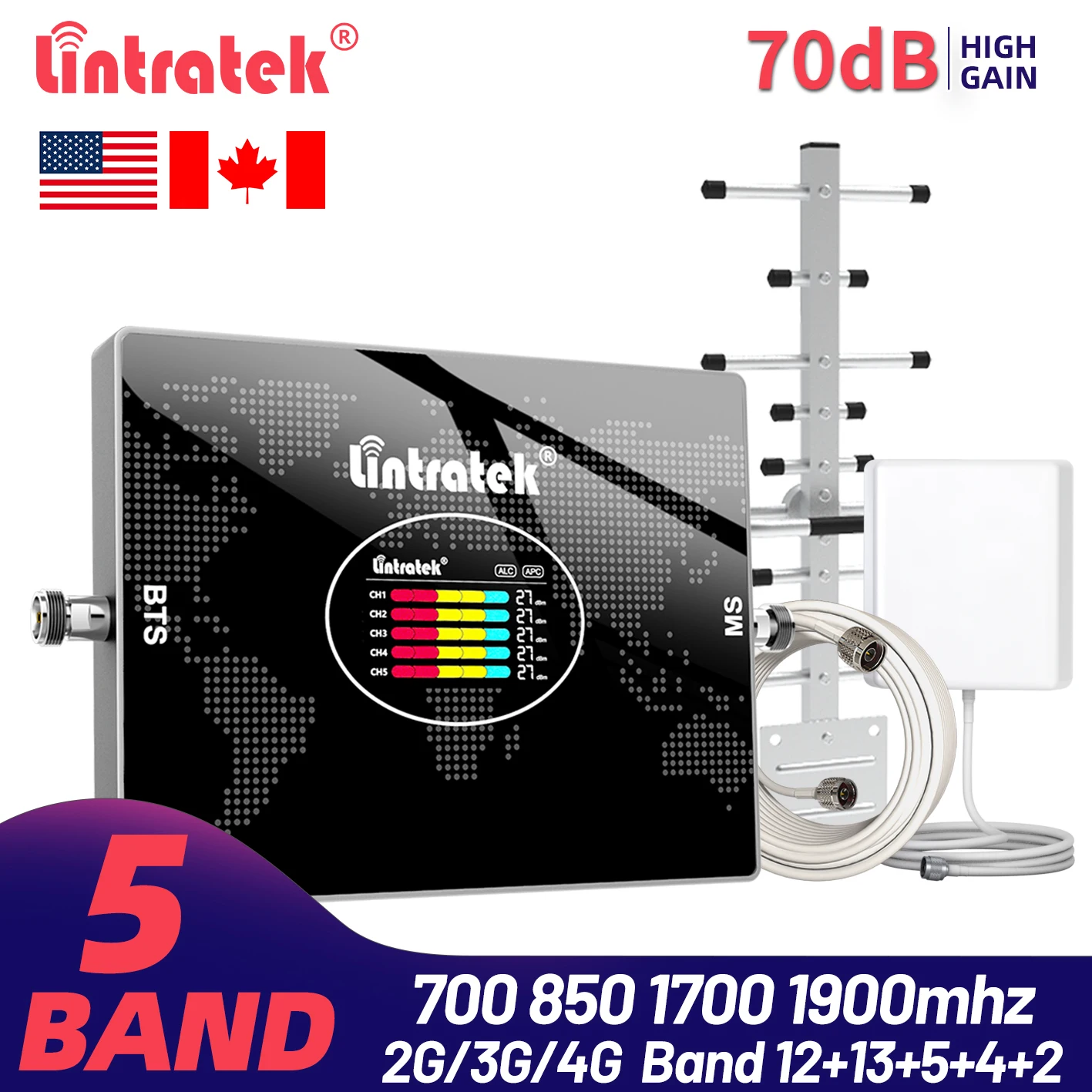 

5-полосный сотовый усилитель Lintratek для США и Канады, 2G 3G CDMA 850 AWS PCS 1700 1900 4G LTE 700 B12 B13, усилитель сигнала, ретранслятор