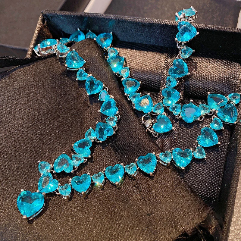 Collar de cristal azul cúbico para mujer, cadena de clavícula, Color plateado, corazón de mar, joyería de lujo