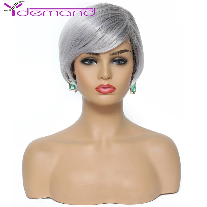 Y Demand 5.5 Inch Short Pixie Cut Wig Ombre Grey Straight Color Synthetic Hair Wigs Fashion Style For White Women Cosplay Wigs