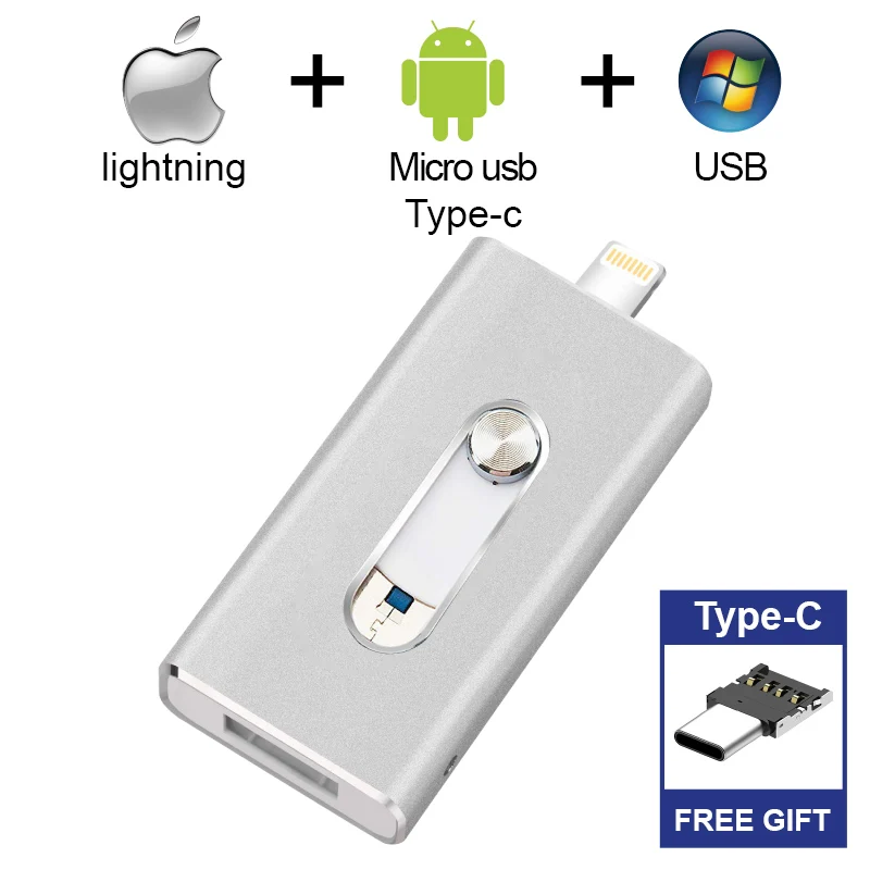 Бесплатный тип-C адаптер Флешка для iphone iPad OTG USB флэш-накопитель Android Micro Photostick USB 3,0 карта памяти 512 ГБ 256 ГБ 128 ГБ - Цвет: silver Type-C