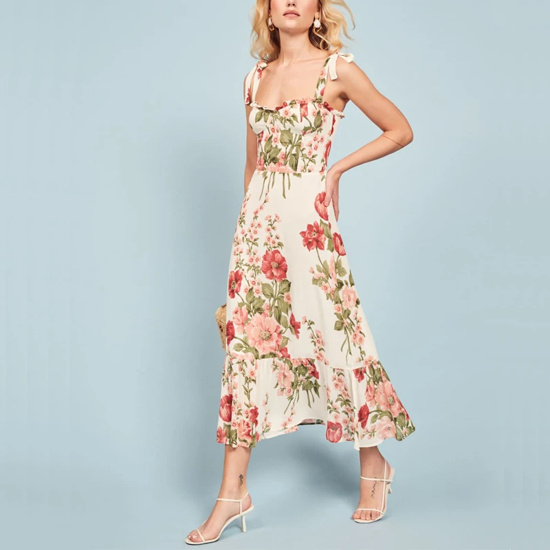 Женское повседневное летнее платье с цветочным принтом украшенное бантом
