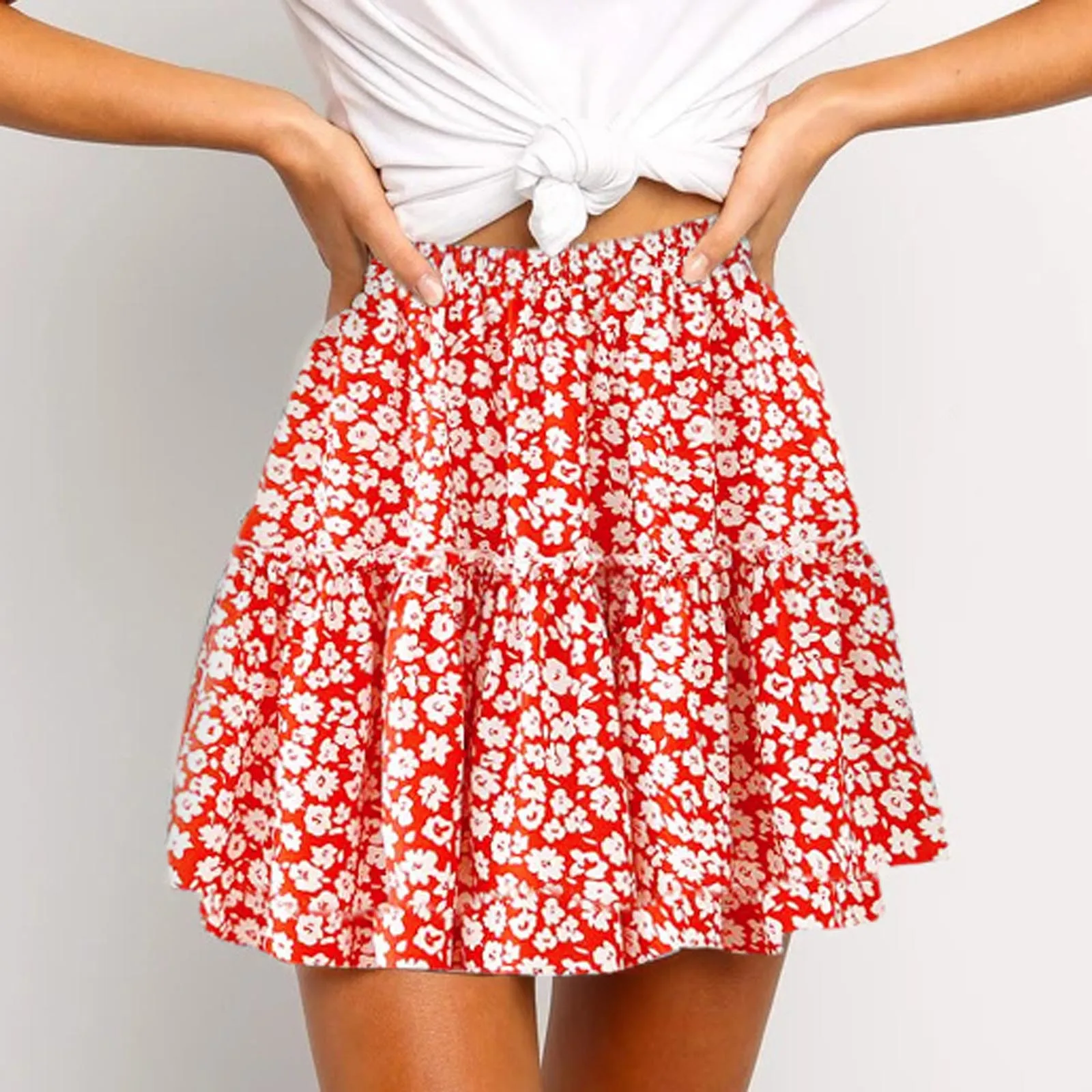 

Womail Fashion Women Casual Print Ruffles A-Line Pleated SKirt Lace Up Bandage Short Mini Sweet Patchwork SKirts Mujer Faldas