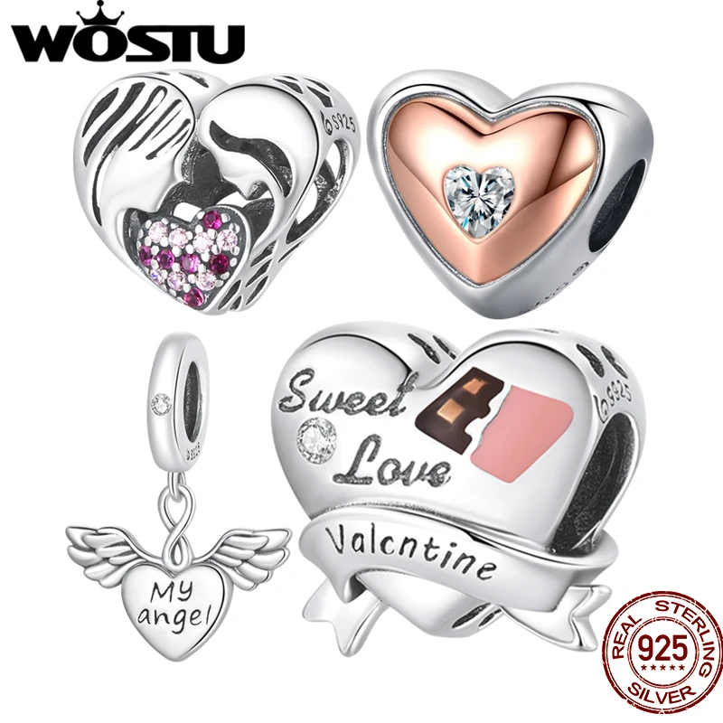 WOSTU-Cuentas de plata esterlina 925 para mujer, accesorio Original de circón con forma de corazón, compatible con pulsera, collar, regalo de joyería con alas de Ángel FNC57