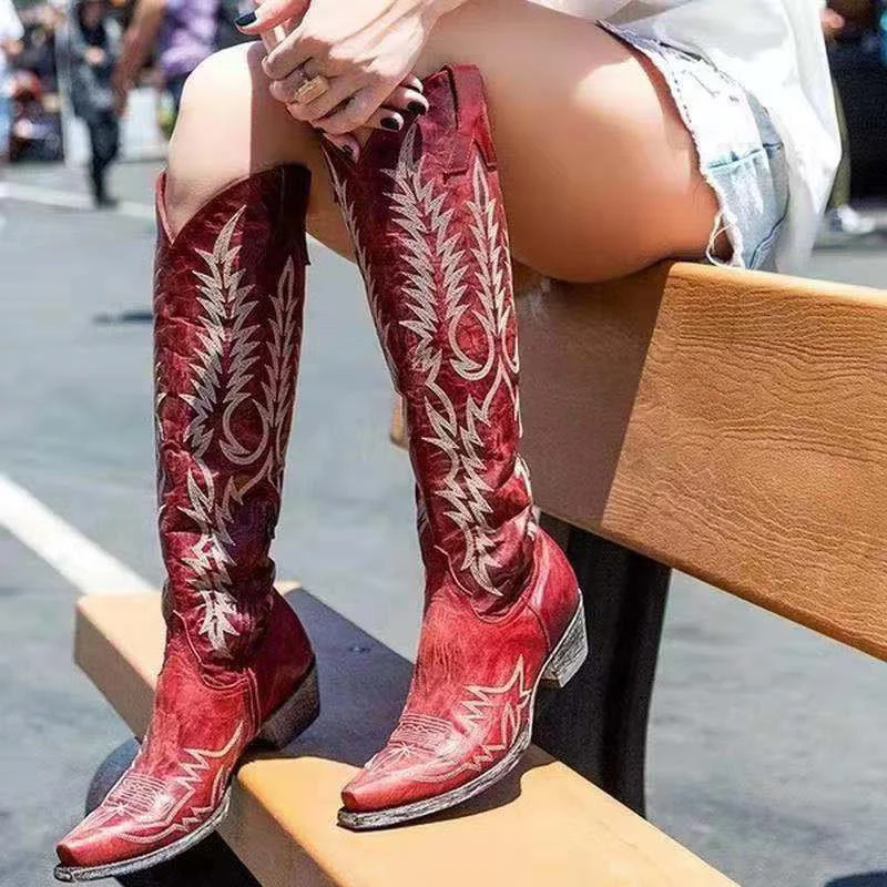 

Vintage Embroider Cowboy Boots Knee High Western Cowgirl Botas Fashion Long Leather Print Knight Booties 2022 Ladies Riding Shoe