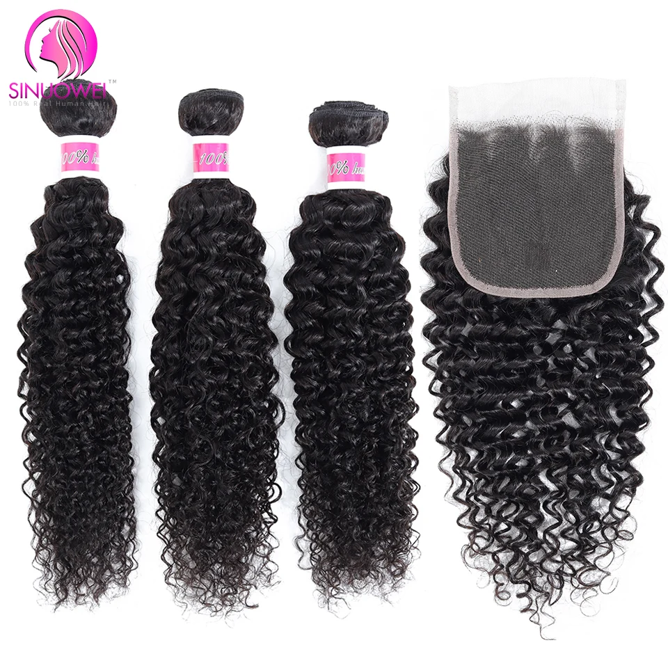

Indian Kinky Curly Hair Bundles With Closure 100% Human Hair Weave 30inch Remy Curly Hair 3/ 4 Bundles Deal WIth Lace Closure