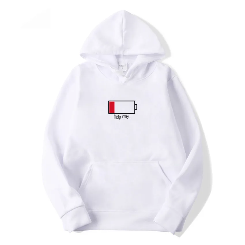 

Pure Cotton New Low battery Help me printing Hooded Mens Hoodies and Sweatshirts Oversized for Autumn with Hip Hop Men