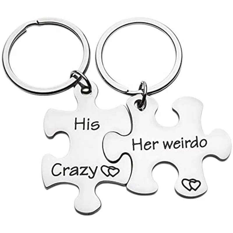 

2PC His Crazy Her Weirdo Keychain Puzzle Couples Lovers Promise Keyring Stainless Steel Key Chain Valentine's Day Gifts