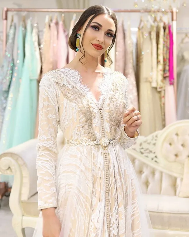 

vestido de festa Moroccan Kaftan 2020 New Evening Dresses Embroidery Beading Arabic Muslim Evening Dress Long vestido de festa