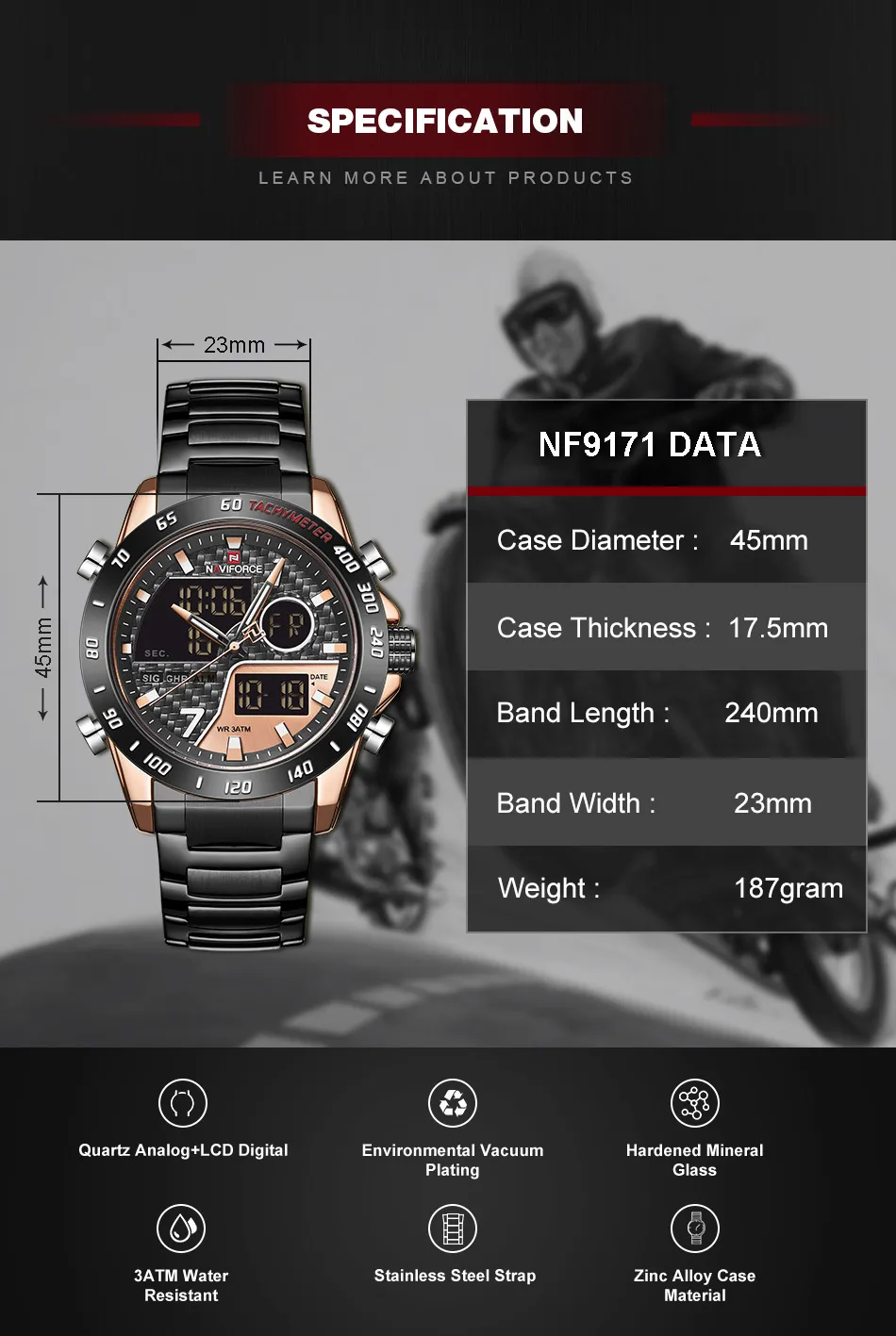 NAVIFORCE деловые мужские часы кварцевые цифровые военные спортивные из нержавеющей