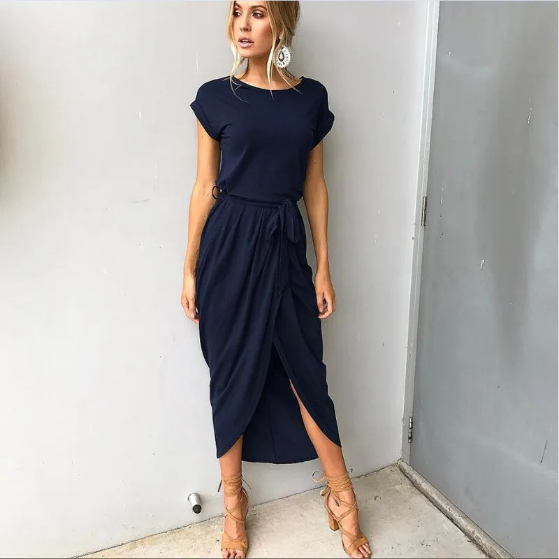 

Summer Women Loose Maxi Dress Casual Elegant O Neck Solid Color Female Party Dresses Lrregular Fashion Short Sleeve Robe Dresses