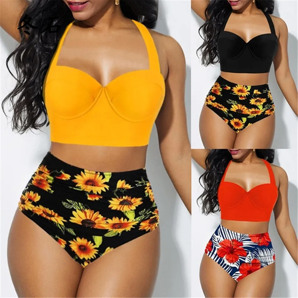 

Women Sunflower Print Swimsuit High Waist Lace Up Bikini Two Piece Swimwear Summer Beach Halter Bikini Set Bra + Short 2020 New