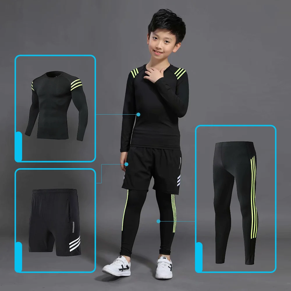 Новые компрессионные комплекты для бега детей костюмы с длинным рукавом штаны