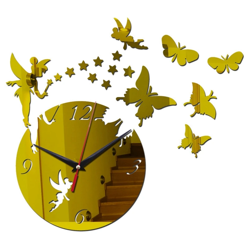 

New 3D mirror effect wall clock fairy butterfly home decoration clock for living room kids bedroom modern design silent watch