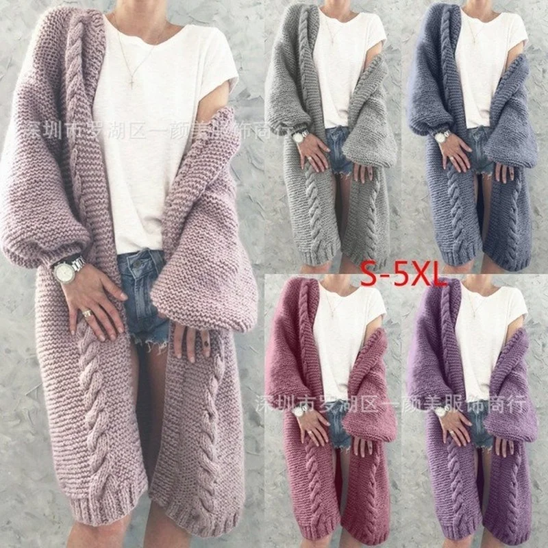 

Autumn Winter New Fashion Long Knitted Sweater Cardigan Coat for Women Solid Open Stitch Top Donsignet
