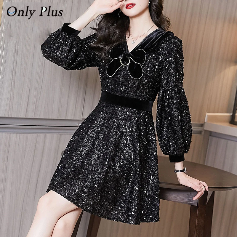 

EVNISI Autumn Black Shiny Sequined Dress For Women Party Club Dresses V-neck Slim Solid Bow Long Sleeve A-Line Dress Vestidos