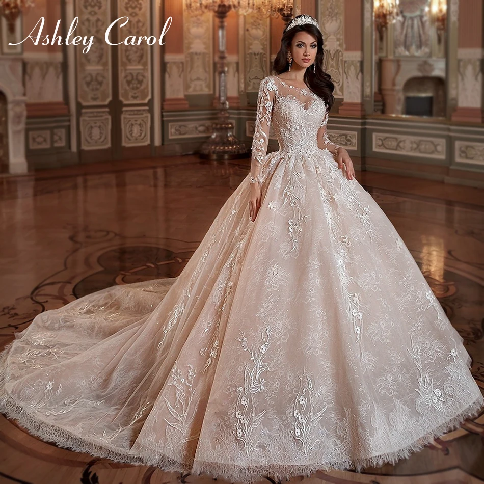 

Ashley Carol Lace Ball Gown Wedding Dresses 2022 Vestido De Noiva Long Sleeve Appliques Lace Up Luxury Cathedral Wedding Gowns