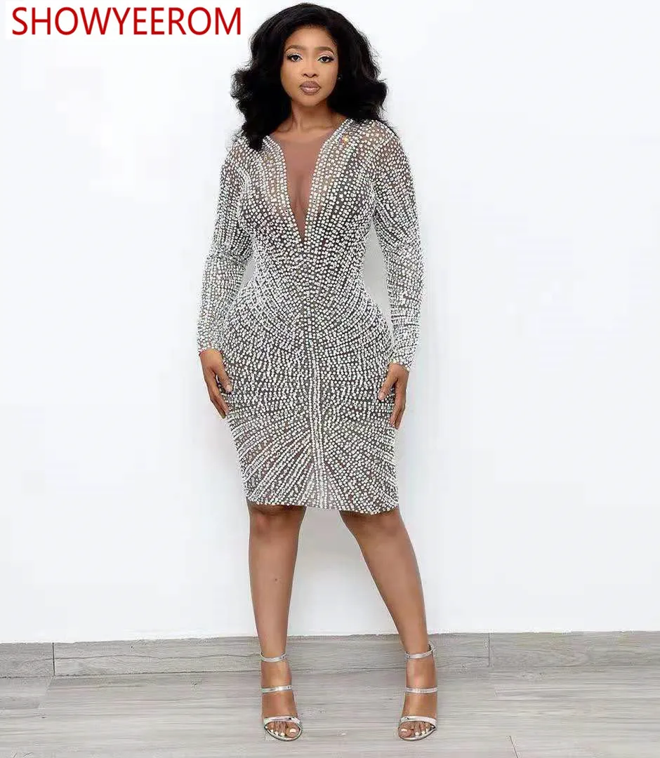 Блестящее серебристое платье стразы из эластичной ткани короткое для женщин на