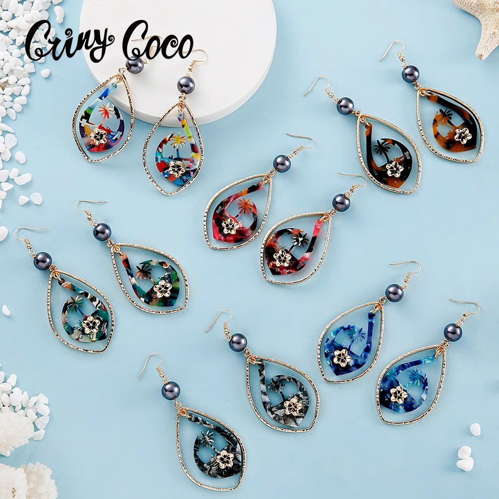 Cring Coco Acrylic Drop Earrings Fashion Jewelry Anchor Coconut Tree Blue Red Colorful Flower Dangle Earring for Women Summer | Украшения и