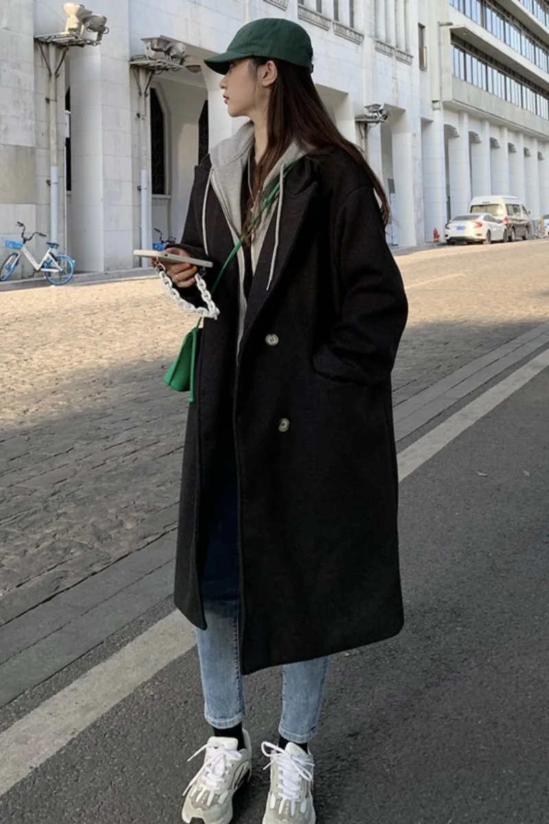 

Korean hooded fake two-piece woolen coat and cotton mid-length woolen coat